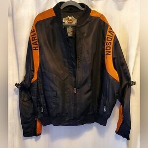 Harley-Davidson Men's Black and Orange Bomber Jacket Size 2XL